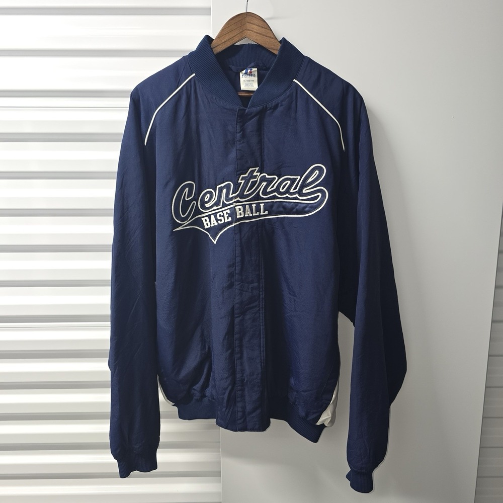 Y2K Russell Athletic Central Baseball Full Zip Jacket Men's XL Navy Embroidered